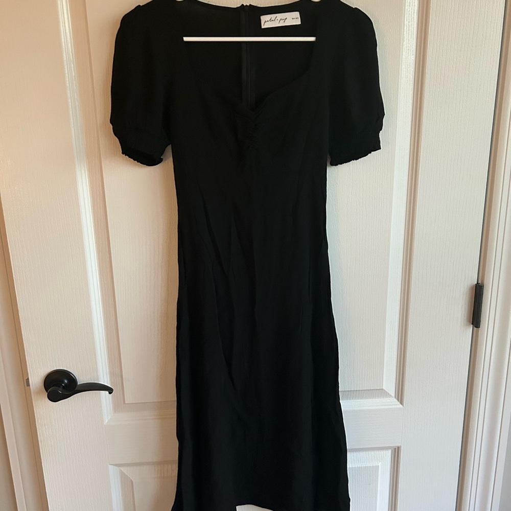 Petal & Pup Black Midi Dress with Puff Sleeves